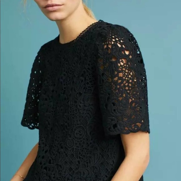 Anthro Eri + Ali Suzy Black Lace Overlay Crochet Tee Top Blouse Small - Picture 1 of 12